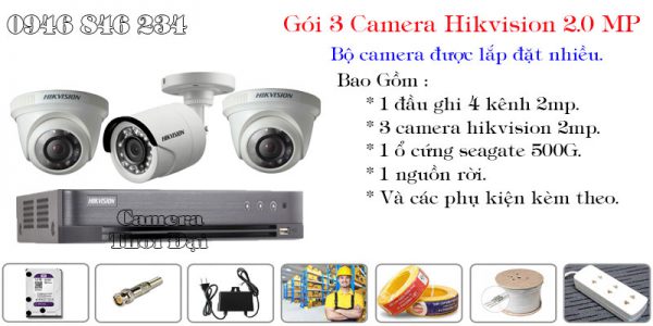Bộ 3 camera hikvision 2mp phổ biến